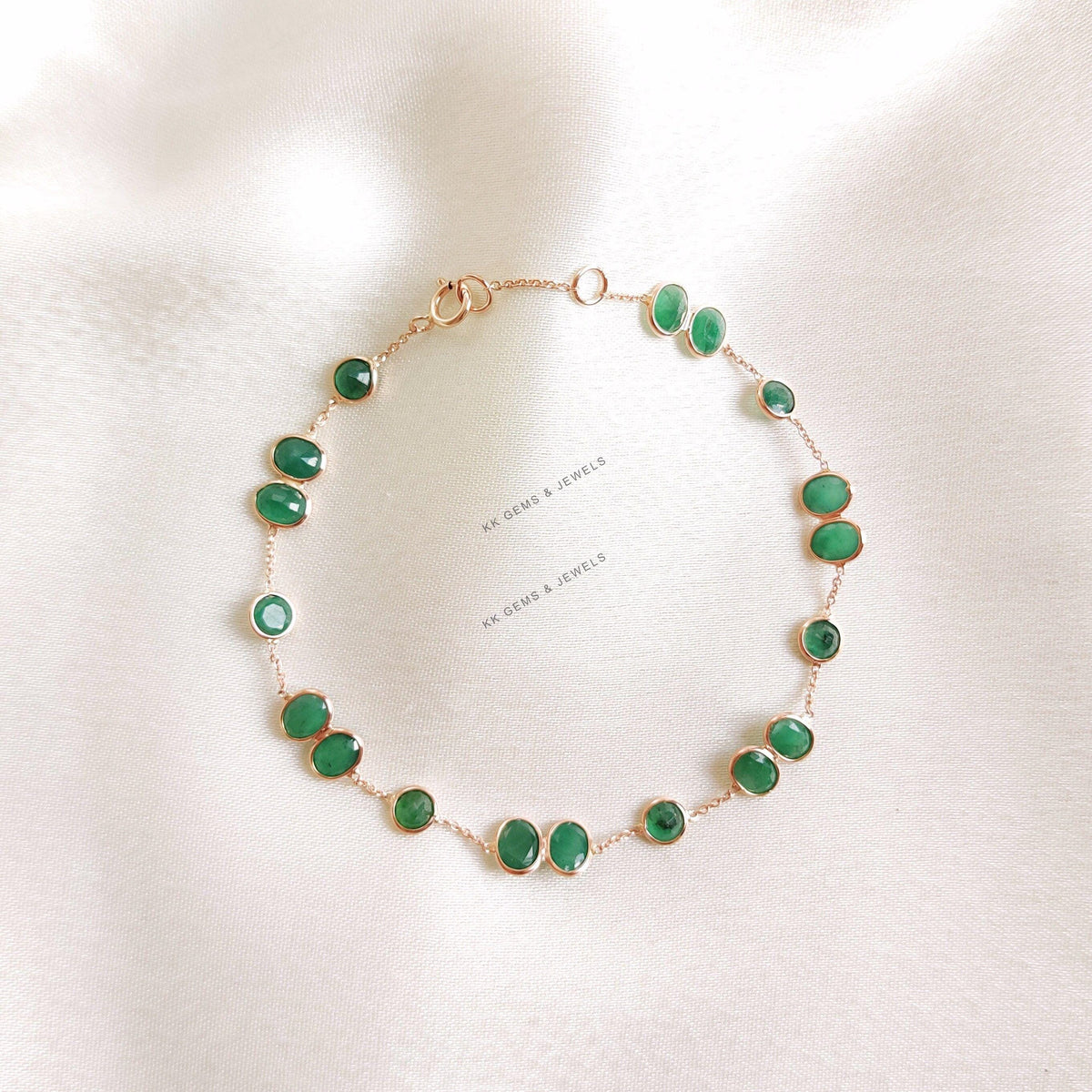 14K Solid Gold Natural Emerald Bracelet, May Birthstone Jewelry