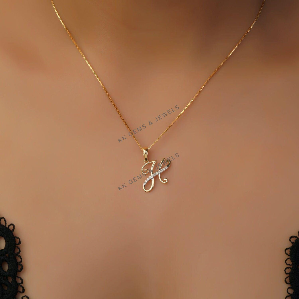 14K Solid Yellow Gold Initial H Diamond Pendant, Birthday Gift