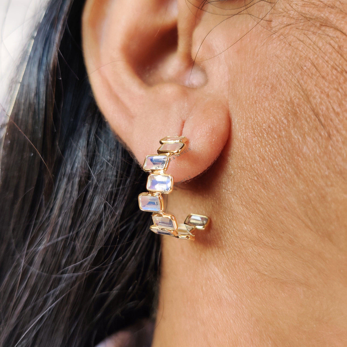 14K Solid Yellow Gold Natural Rainbow Moonstone Hoop Earrings, June Birthstone, Christmas Present