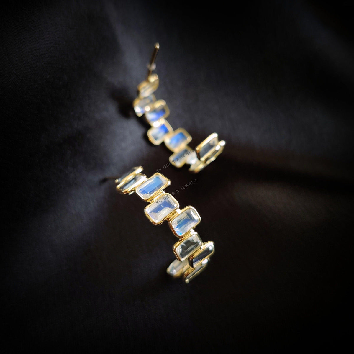 14K Solid Yellow Gold Natural Rainbow Moonstone Hoop Earrings, June Birthstone, Christmas Present