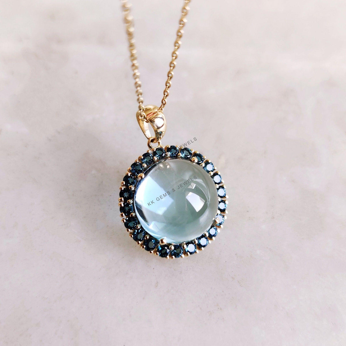 14K Solid Gold Natural Sky & London Blue Topaz Halo Pendant, December Birthstone