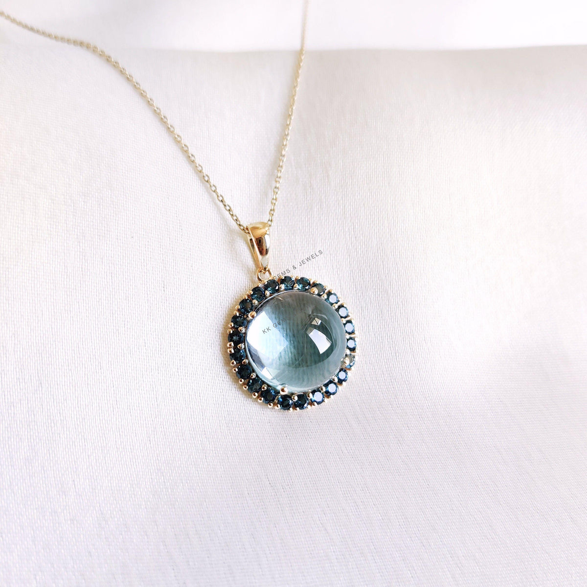 14K Solid Gold Natural Sky & London Blue Topaz Halo Pendant, December Birthstone