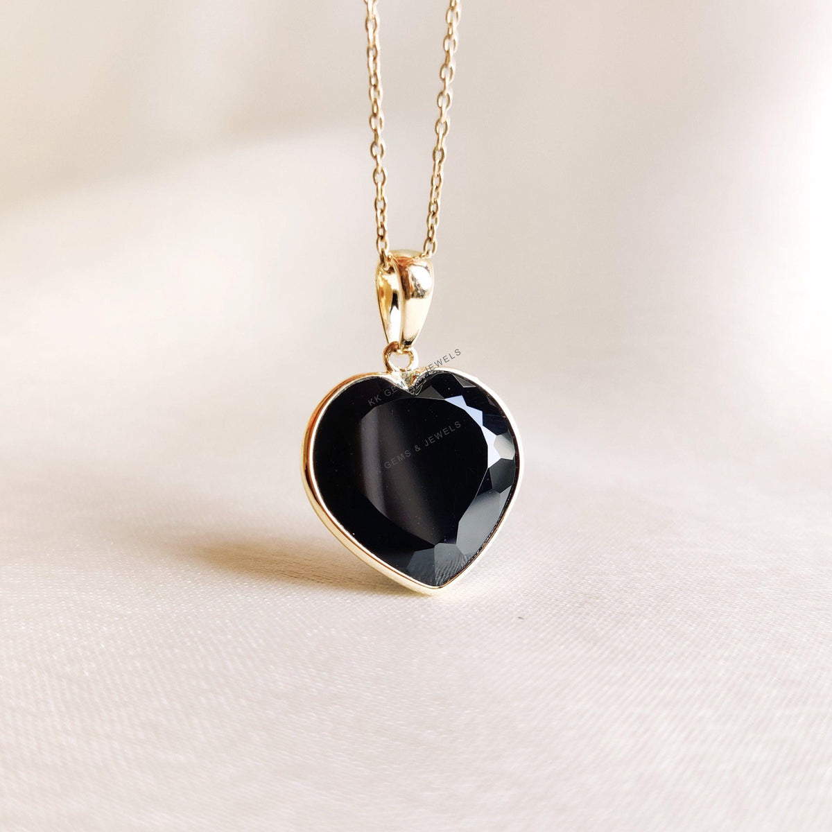 Natural Black Onyx Heart Pendant, 14K Solid Yellow Gold