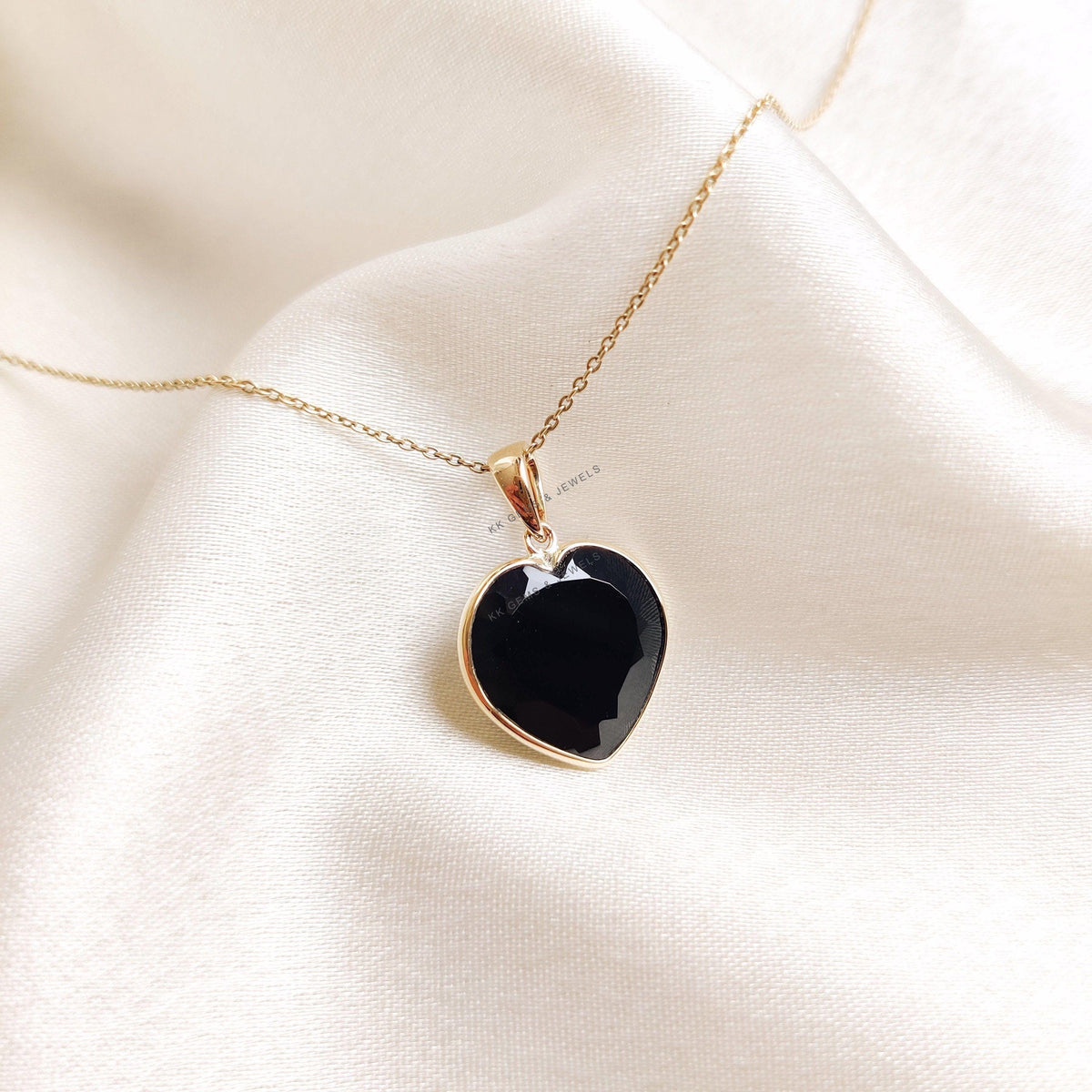 Natural Black Onyx Heart Pendant, 14K Solid Yellow Gold