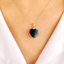 Natural Black Onyx Heart Pendant, 14K Solid Yellow Gold