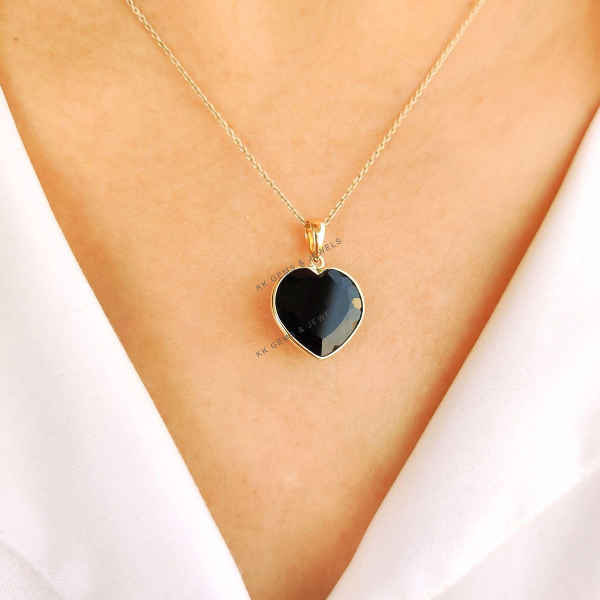 Natural Black Onyx Heart Pendant, 14K Solid Yellow Gold