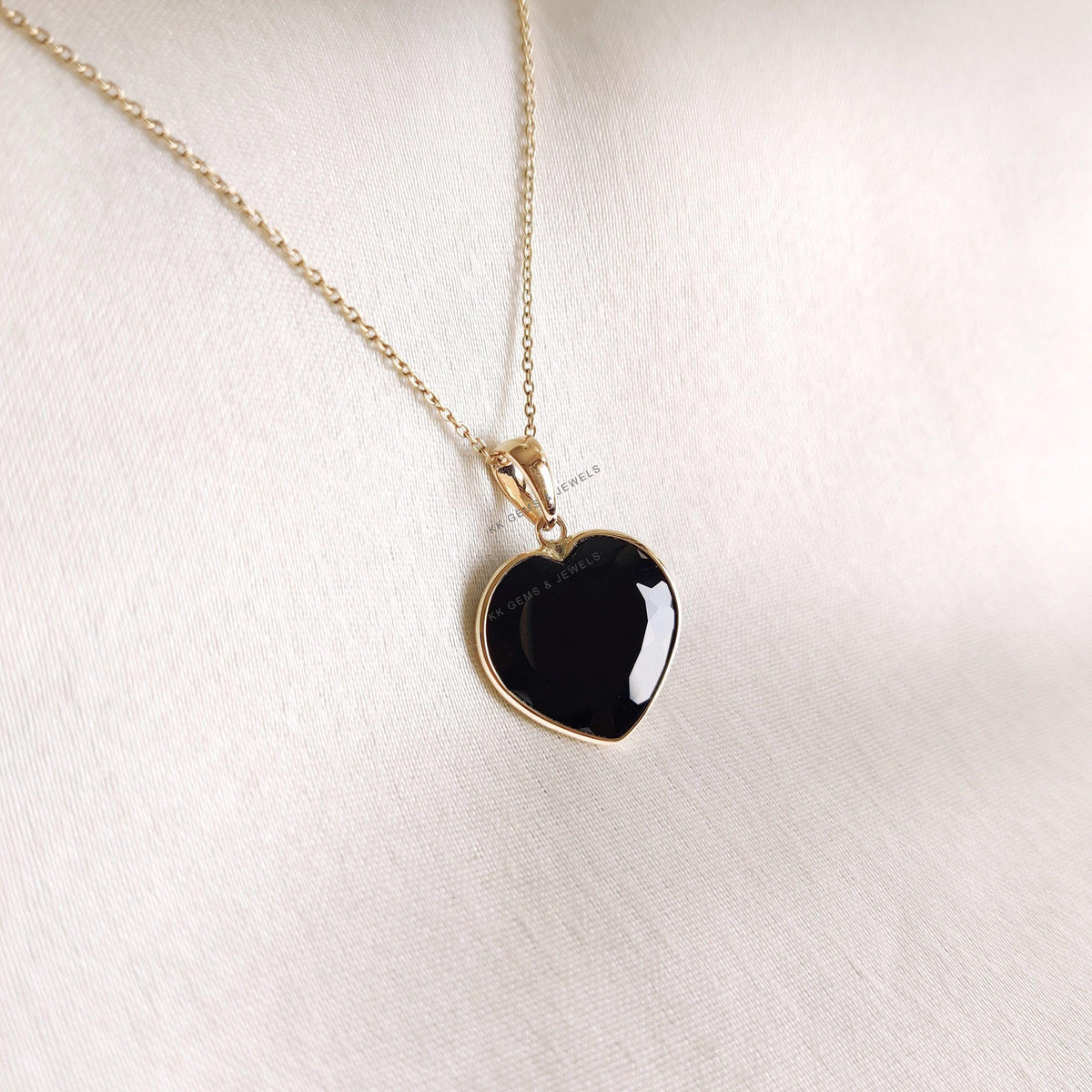 Natural Black Onyx Heart Pendant, 14K Solid Yellow Gold
