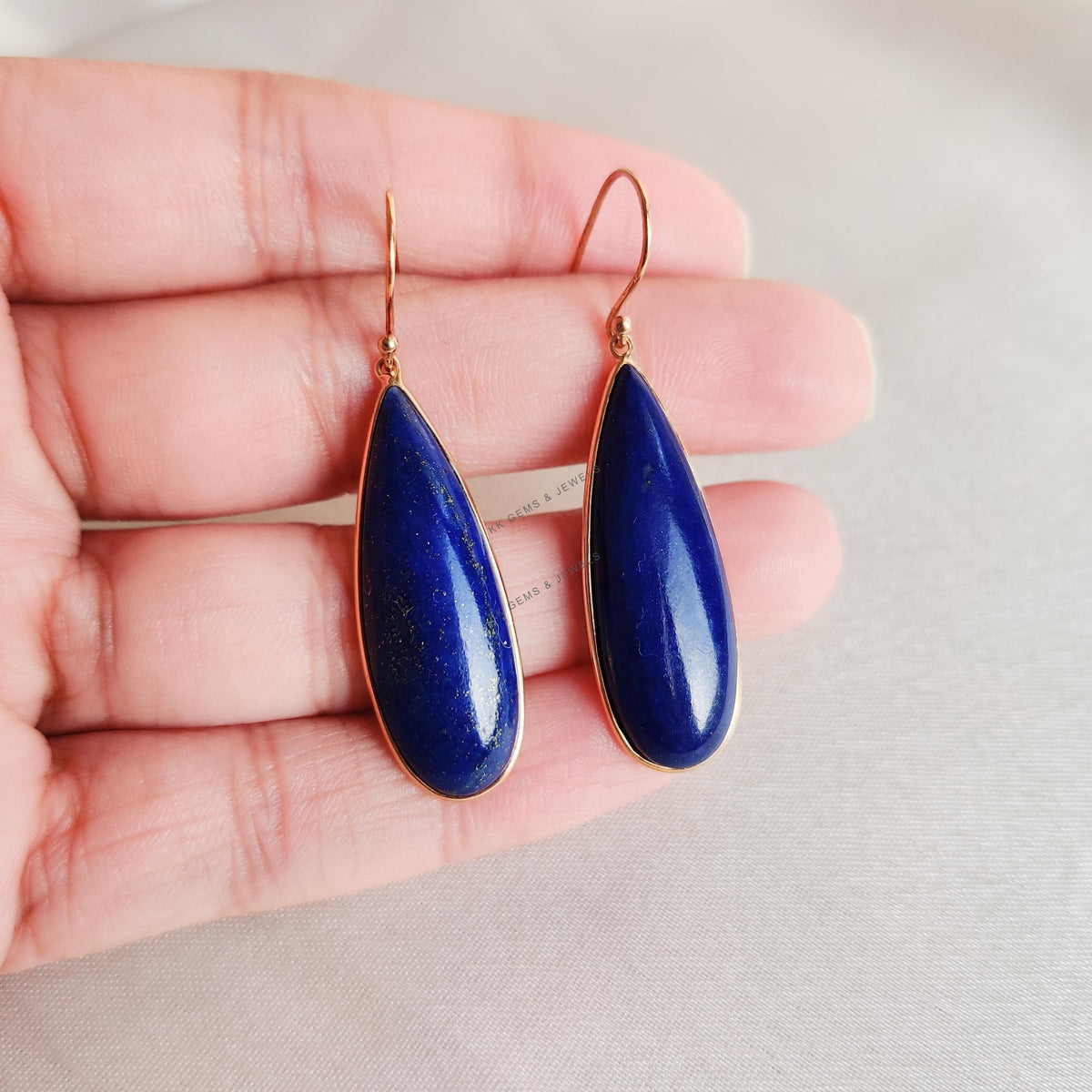14K Solid Yellow Gold Natural Lapis Lazuli Earrings, Pear Cabochon, September Birthstone