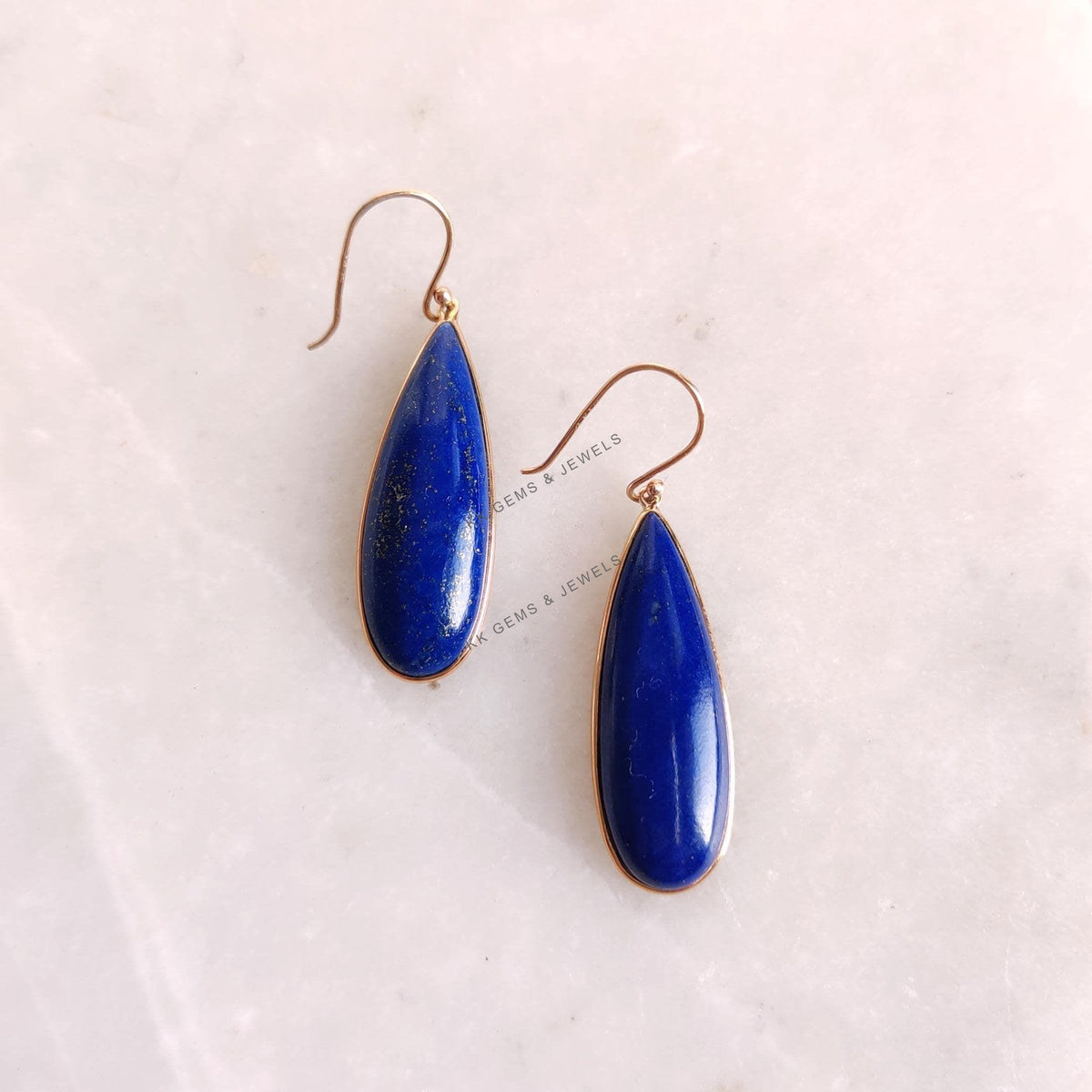 14K Solid Yellow Gold Natural Lapis Lazuli Earrings, Pear Cabochon, September Birthstone