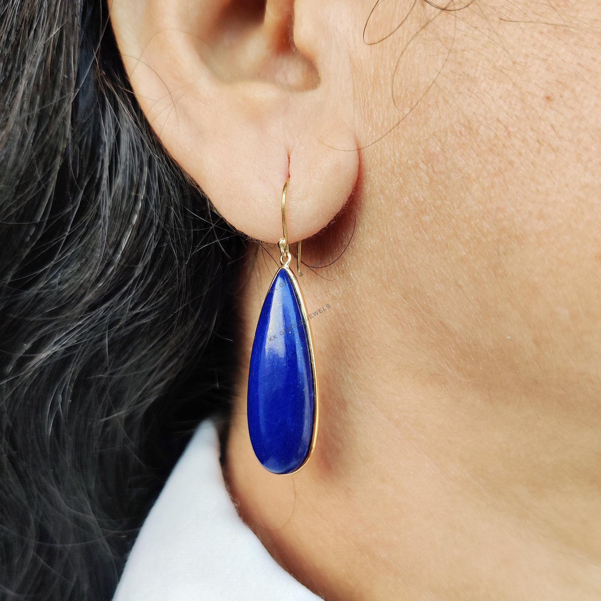 14K Solid Yellow Gold Natural Lapis Lazuli Earrings, Pear Cabochon, September Birthstone