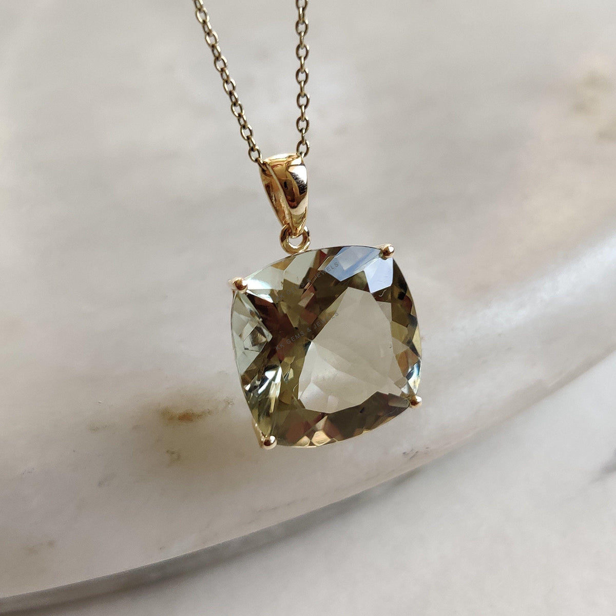 14K Solid Gold Natural Green Amethyst Pendant, February Birthstone