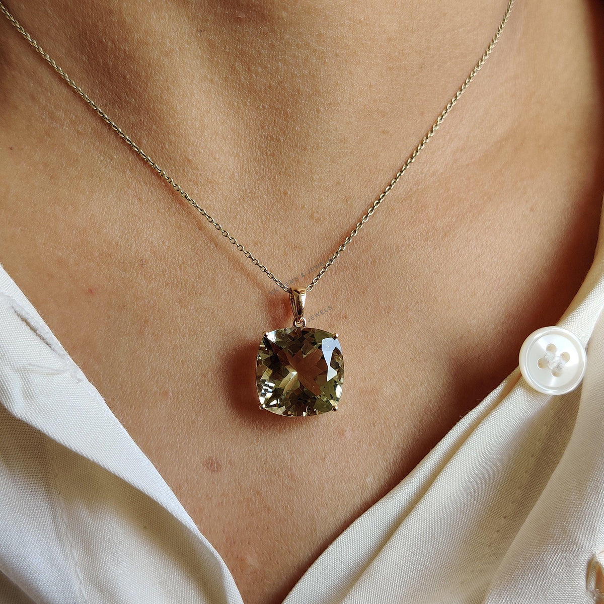 14K Solid Gold Natural Green Amethyst Pendant, February Birthstone