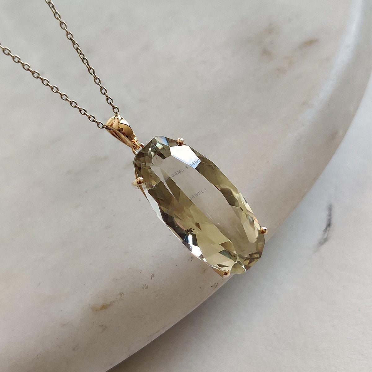 14K Solid Yellow Gold Natural Green Amethyst Pendant, February Birthstone, Christmas Present