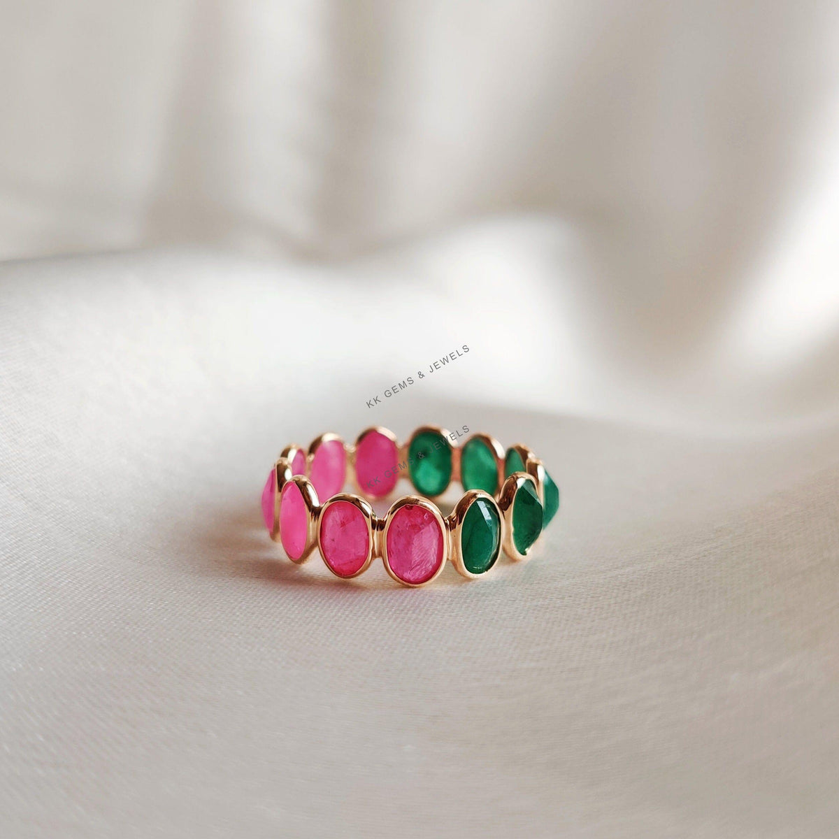 14K Solid Gold Natural Ruby and Emerald Bezel Ring, May July Birthstone Ring, Anniversary Gift, Natural Ruby Emerald Jewelry