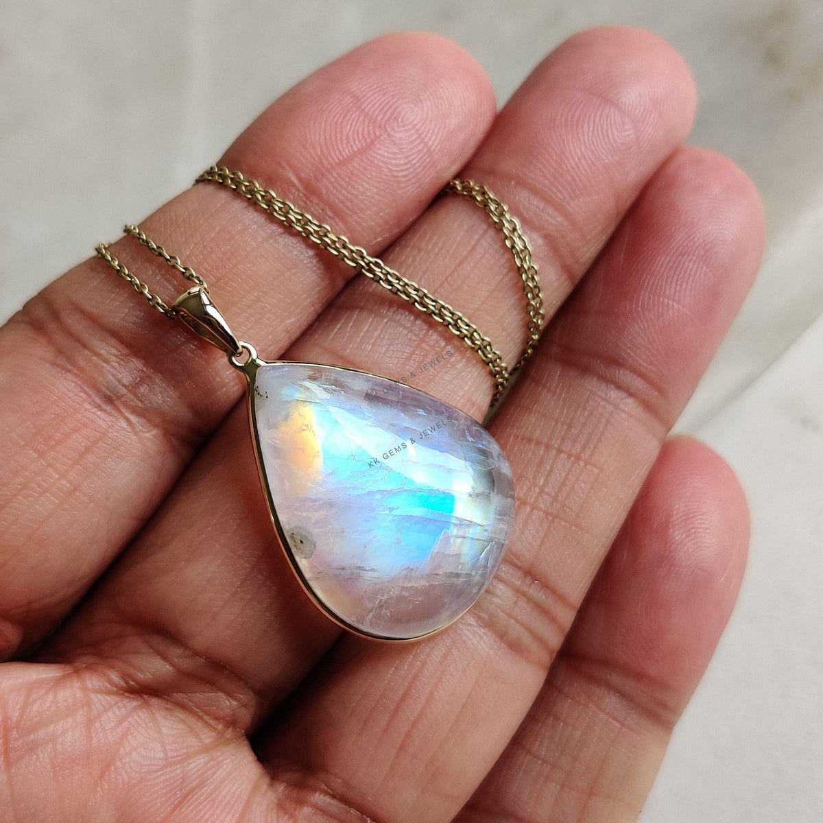 14K Solid Yellow Gold Natural Rainbow Moonstone Pendant, Pear Cabochon