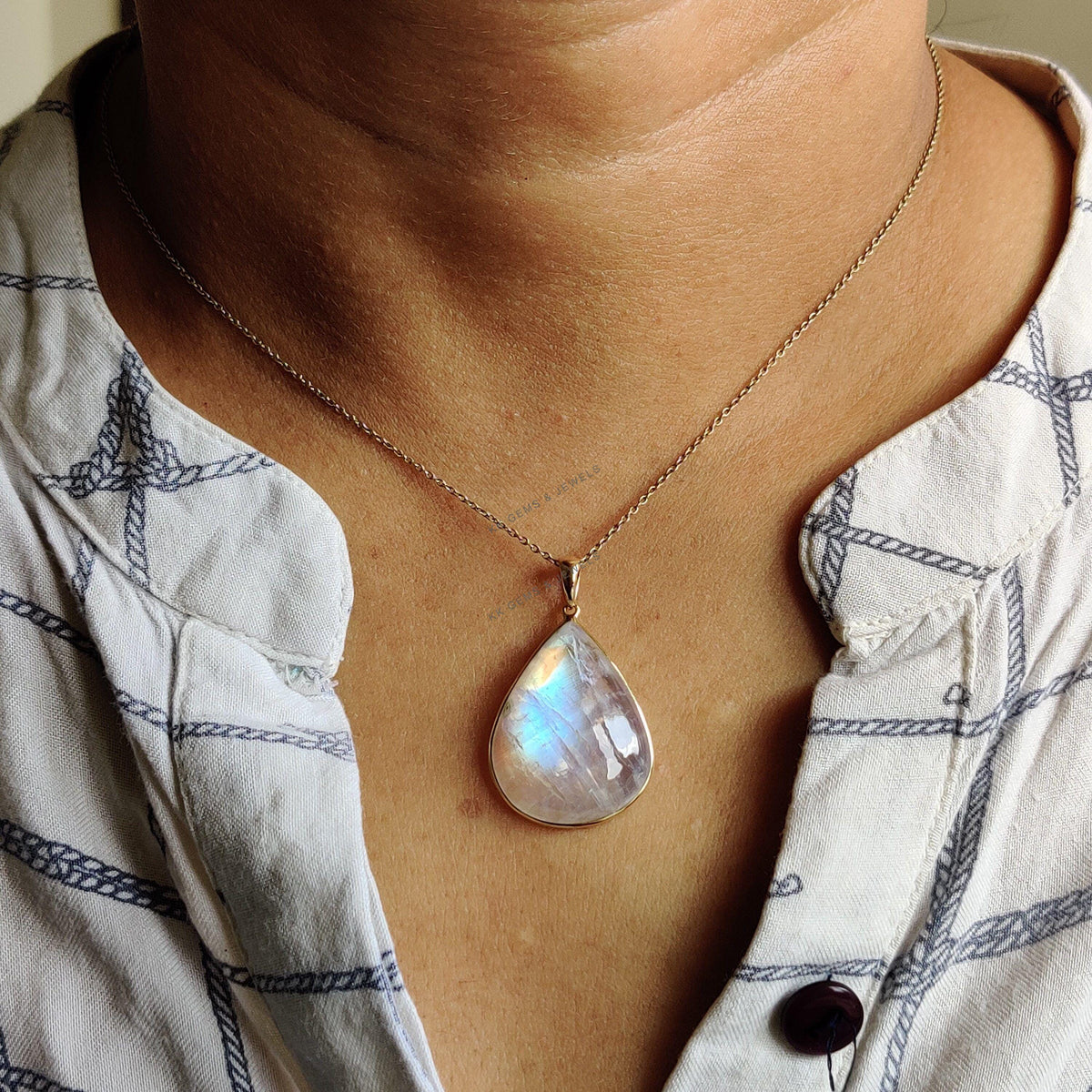 14K Solid Yellow Gold Natural Rainbow Moonstone Pendant, Pear Cabochon