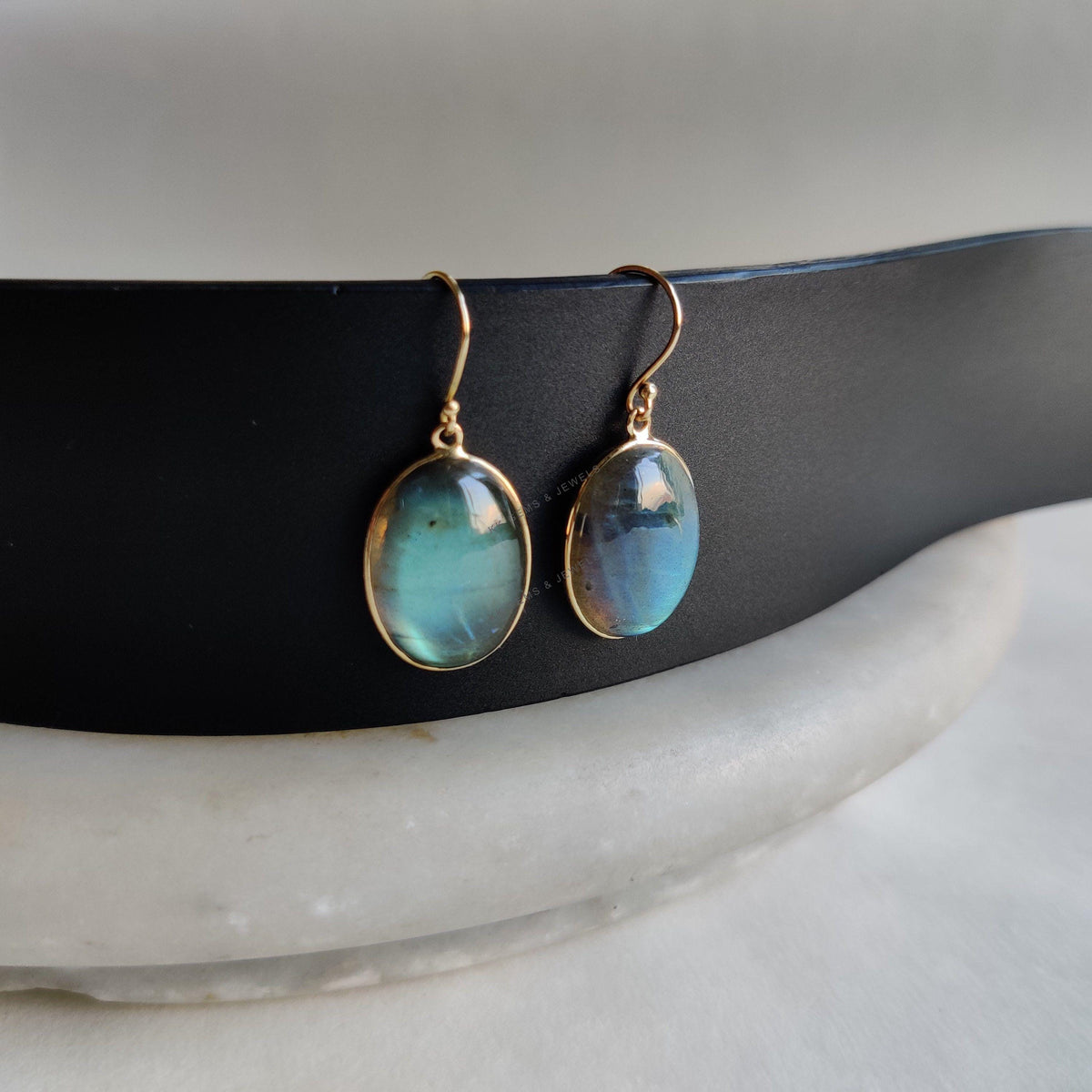 14K Solid Gold Natural Labradorite Drop Earrings: August Birthstone