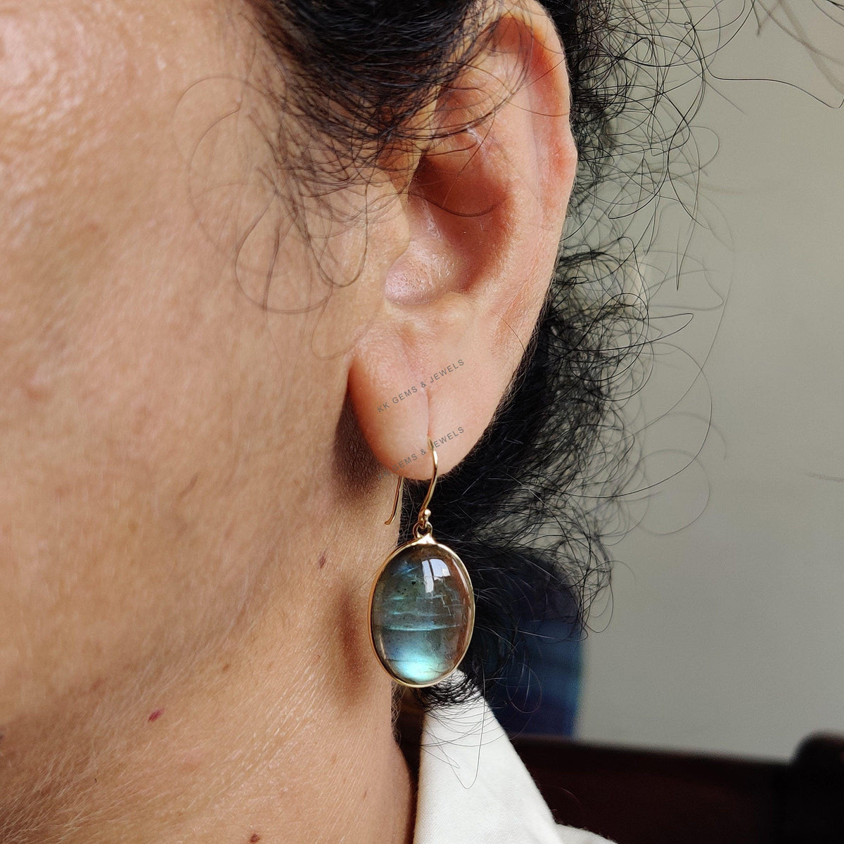 14K Solid Gold Natural Labradorite Drop Earrings: August Birthstone