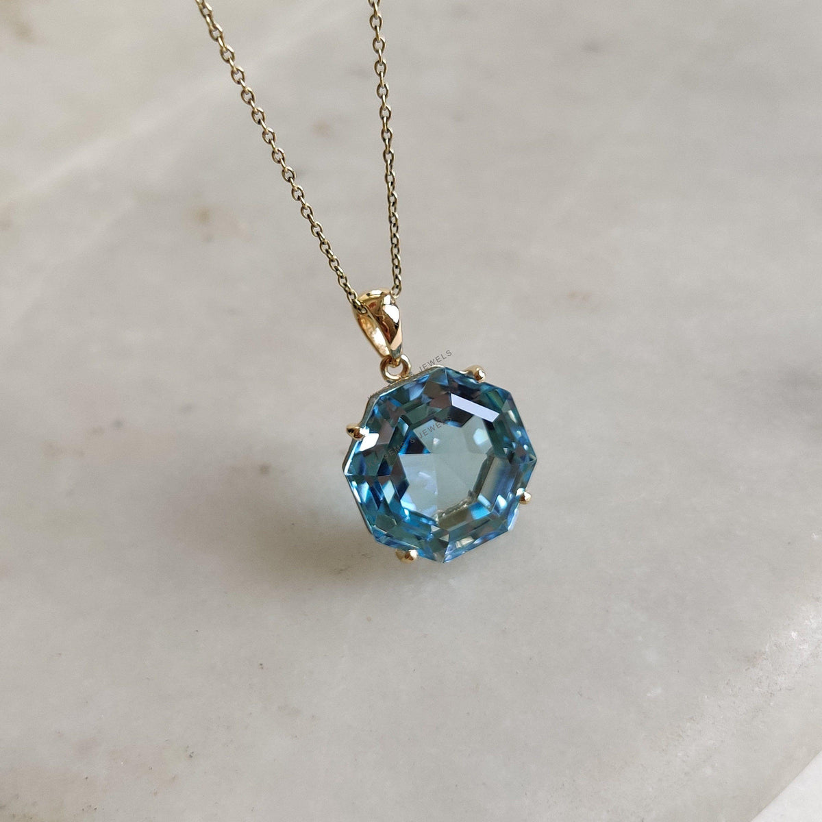 14K Solid Gold Natural Sky Blue Topaz Pendant, Octagon Gemstone, December Birthstone