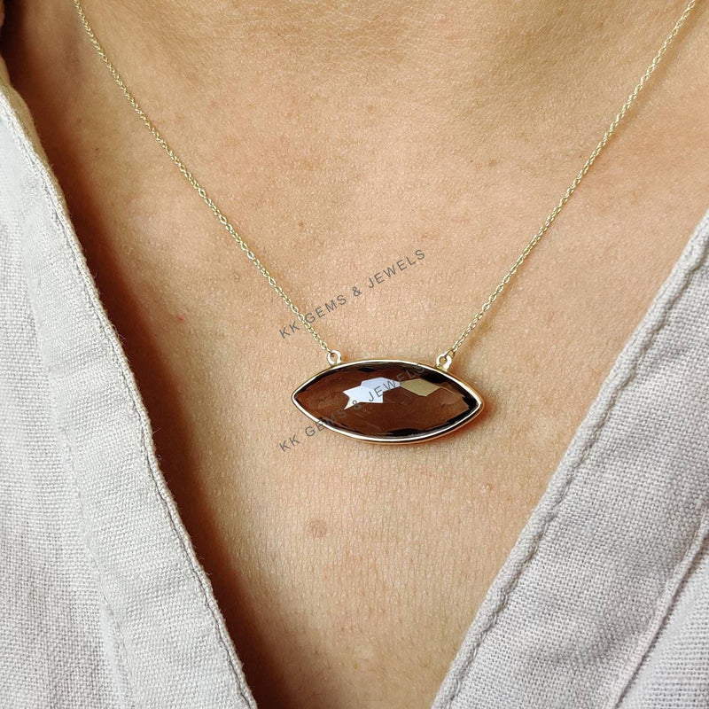 14K Solid Yellow Gold Natural Smoky Quartz Pendant, June Birthstone Chain Necklace