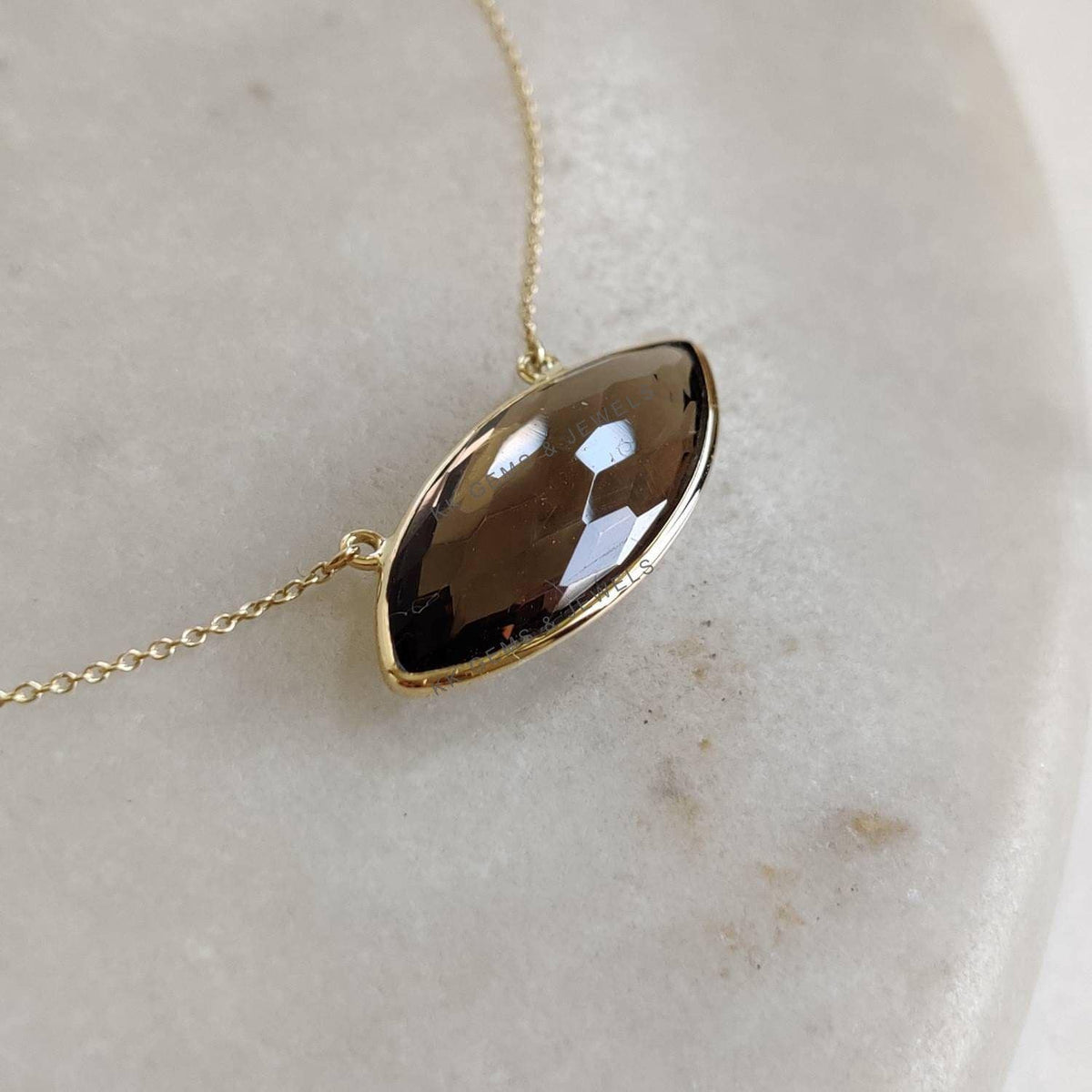 14K Solid Yellow Gold Natural Smoky Quartz Pendant, June Birthstone Chain Necklace