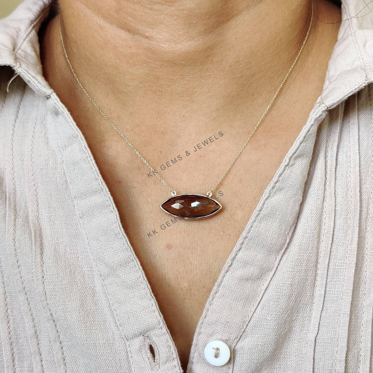 14K Solid Yellow Gold Natural Smoky Quartz Pendant, June Birthstone Chain Necklace