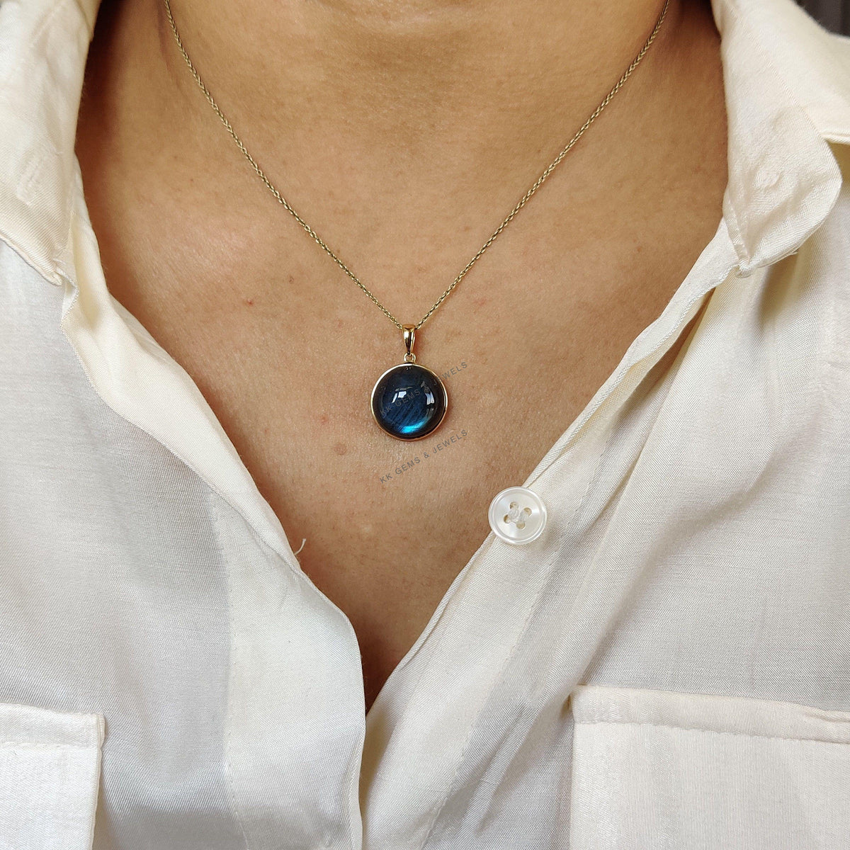Natural Blue Labradorite Pendant: 14K Solid Yellow Gold Bezel Pendant