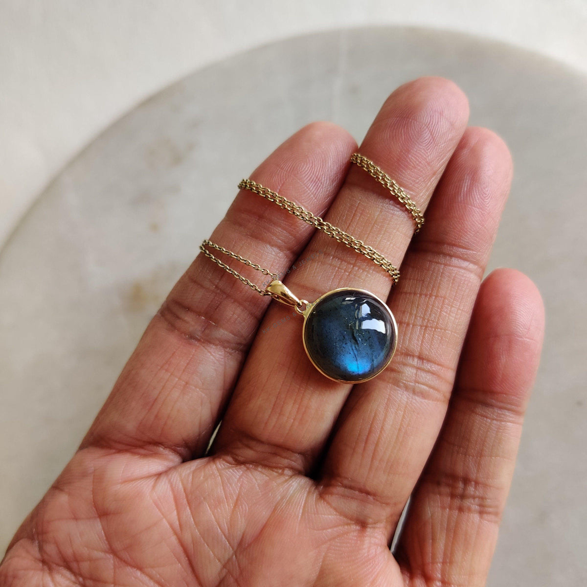 Natural Blue Labradorite Pendant: 14K Solid Yellow Gold Bezel Pendant