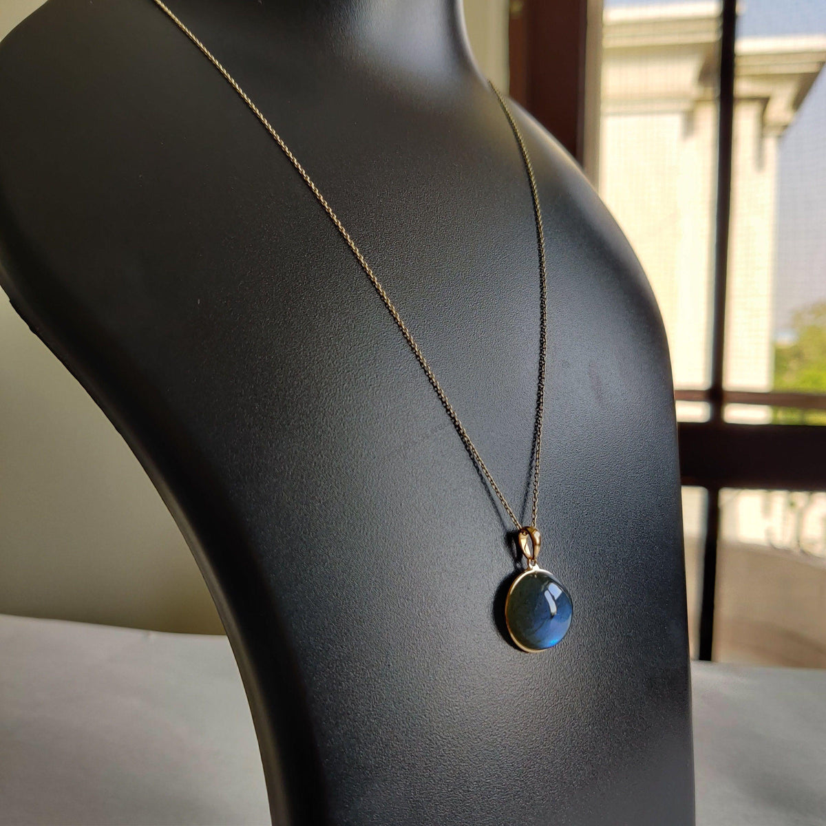 Natural Blue Labradorite Pendant: 14K Solid Yellow Gold Bezel Pendant