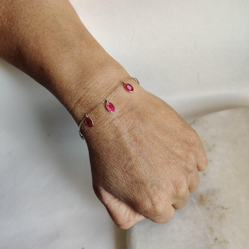 14K Solid Yellow Gold Natural Ruby Chain Bracelet, July Birthstone