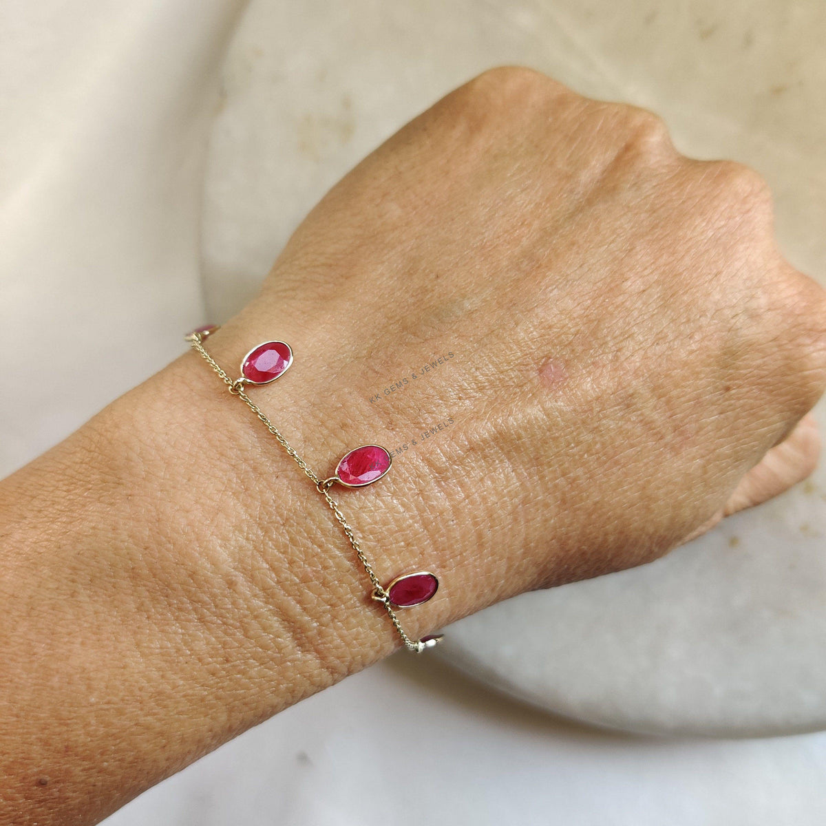 14K Solid Yellow Gold Natural Ruby Chain Bracelet, July Birthstone