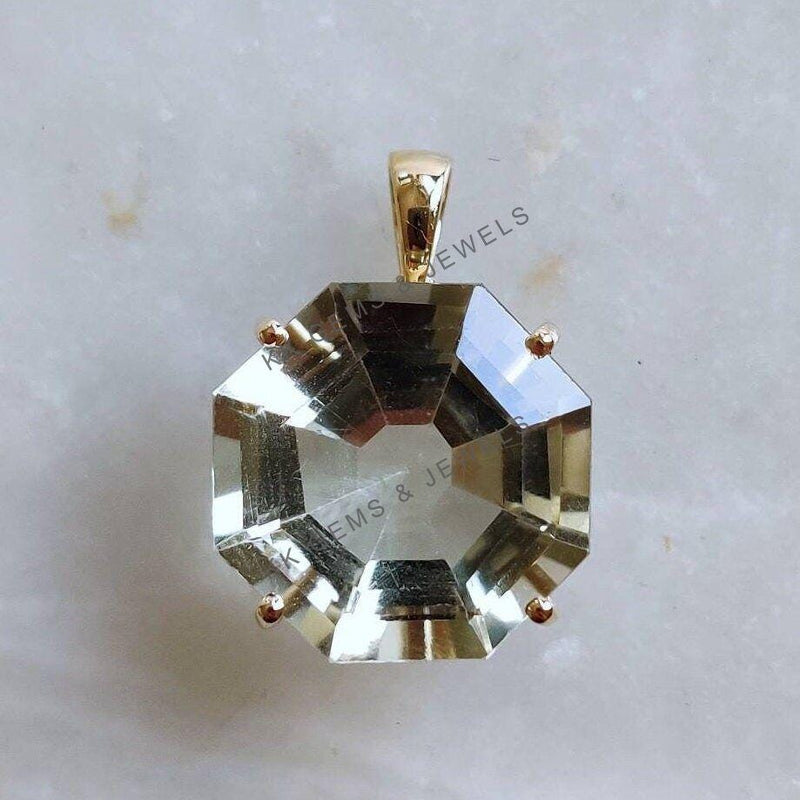 14K Solid Gold Natural Green Amethyst Pendant, Hexagon Pendant, February Birthstone