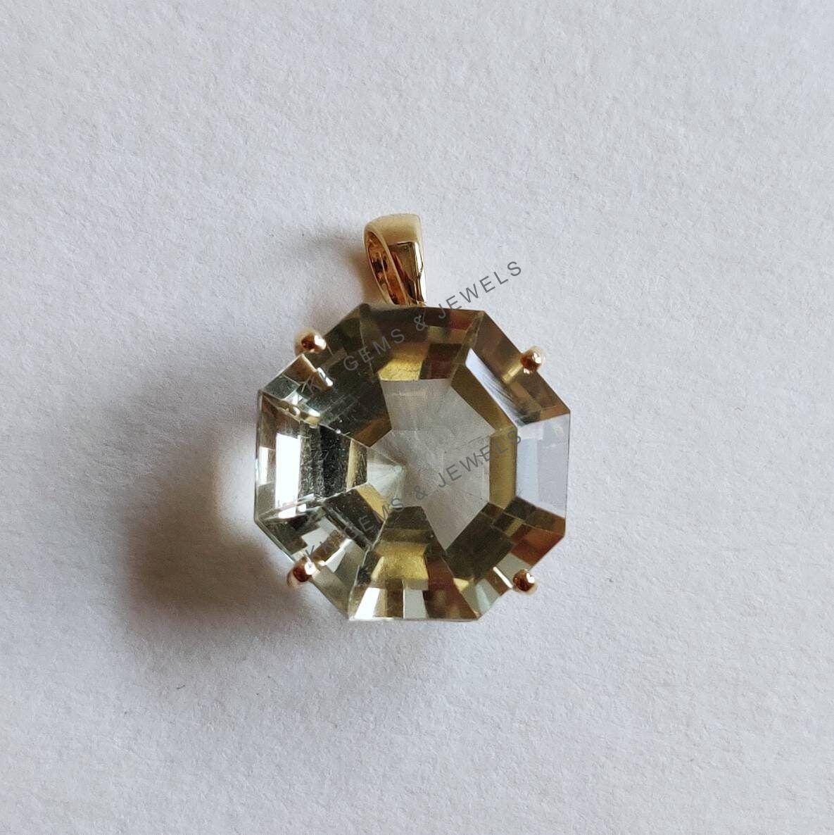 14K Solid Gold Natural Green Amethyst Pendant, Hexagon Pendant, February Birthstone