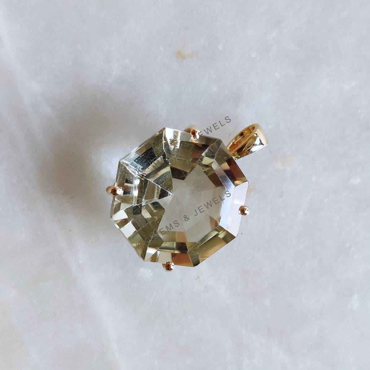 14K Solid Gold Natural Green Amethyst Pendant, Hexagon Pendant, February Birthstone
