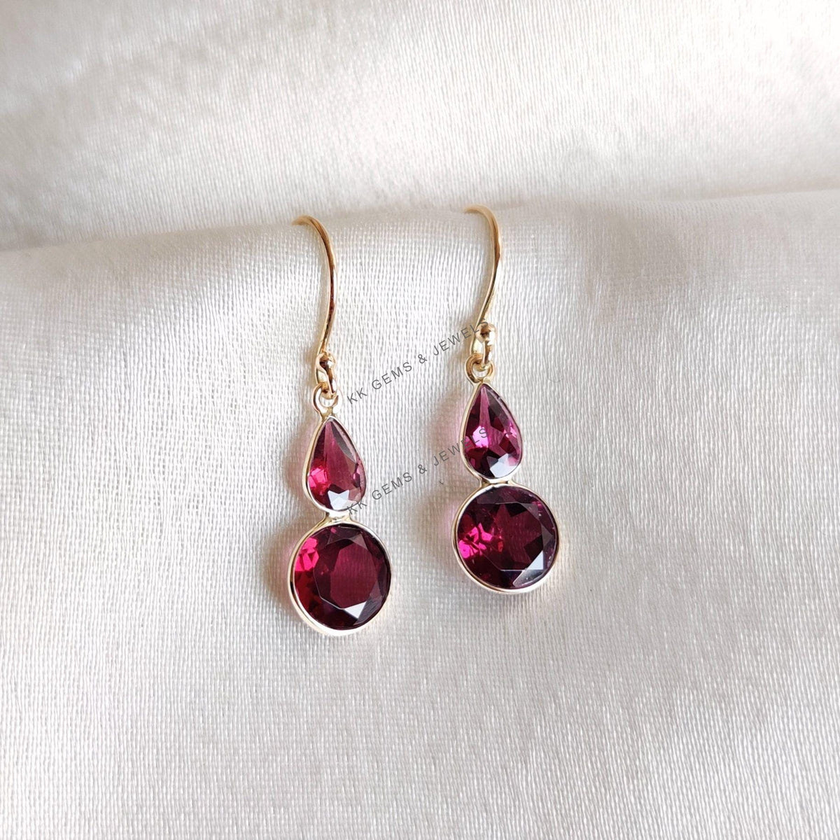 14K Solid Gold Natural Rhodolite Garnet Drop Bezel Earrings, January Birthstone