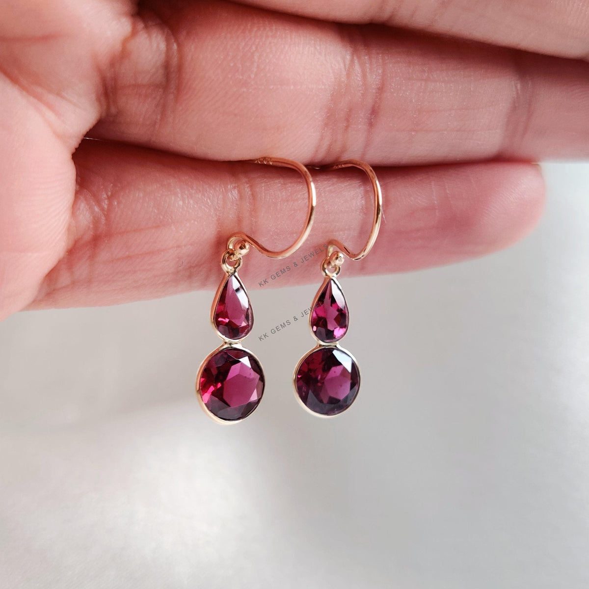 14K Solid Gold Natural Rhodolite Garnet Drop Bezel Earrings, January Birthstone