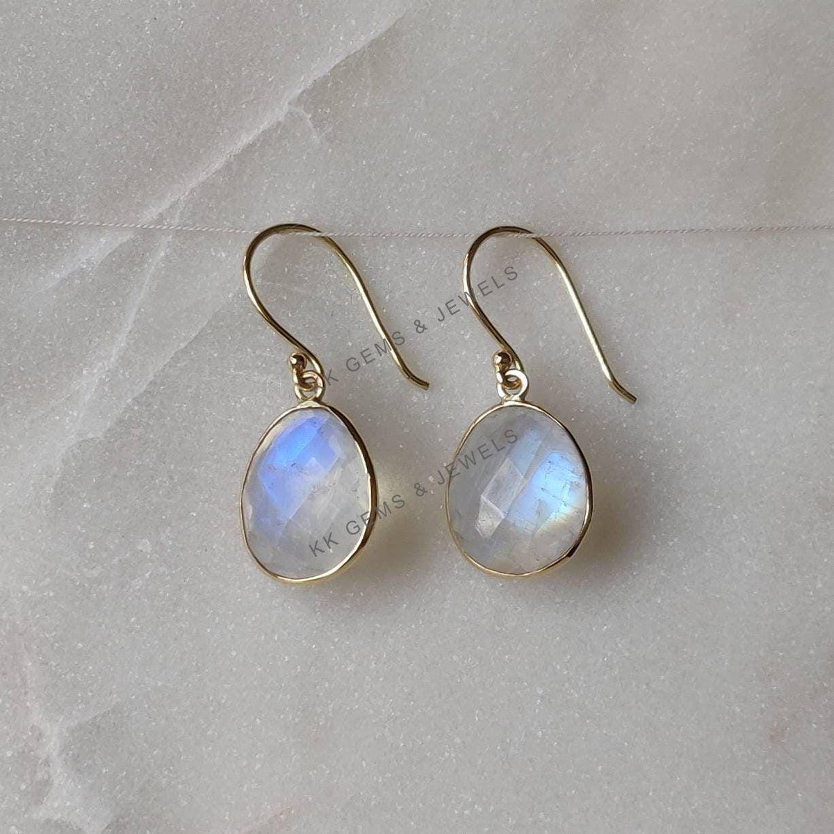 14K Solid Gold Natural Rainbow Moonstone Drop Earrings: June Birthstone