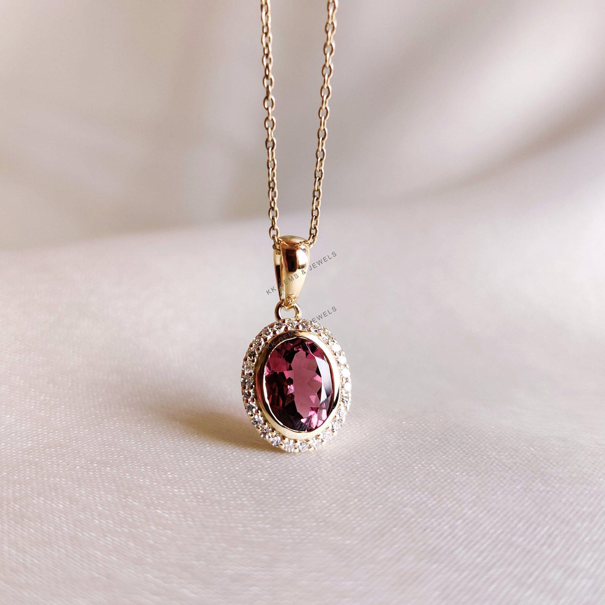 Natural Rubellite Tourmaline & Diamond Pendant, 14K Solid Yellow Gold, October Birthstone