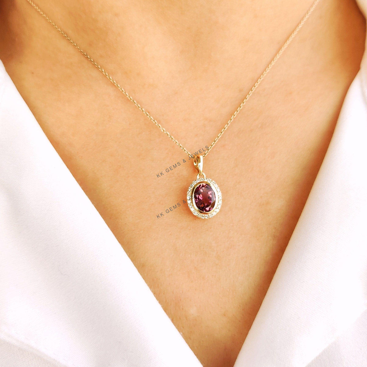 Natural Rubellite Tourmaline & Diamond Pendant, 14K Solid Yellow Gold, October Birthstone