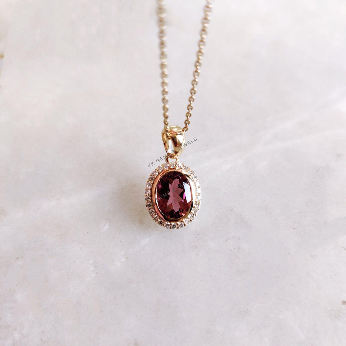 Natural Rubellite Tourmaline & Diamond Pendant, 14K Solid Yellow Gold, October Birthstone