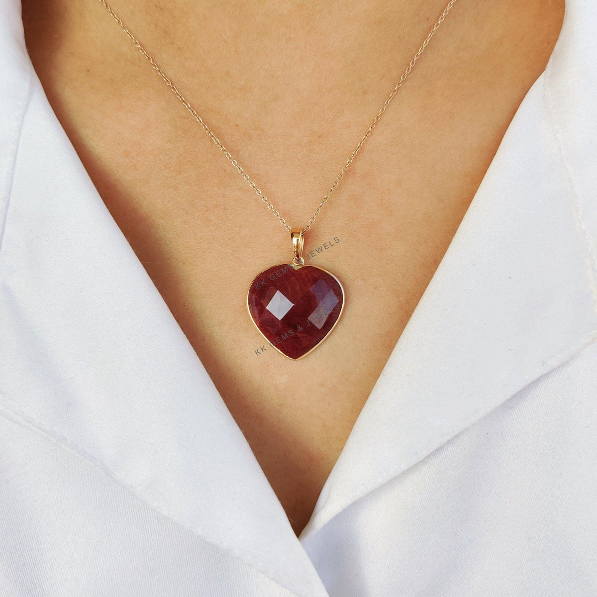 Natural Ruby Heart Pendant, 14K Solid Yellow Gold, July Birthstone