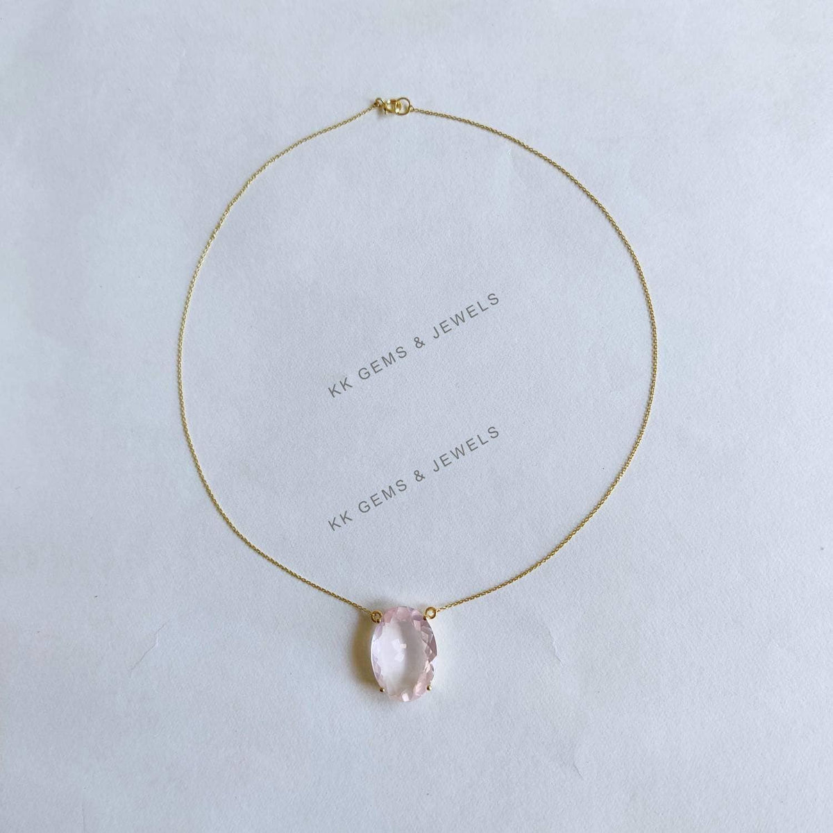 14K Solid Gold Natural Rose Quartz Pendant Necklace, January Birthstone