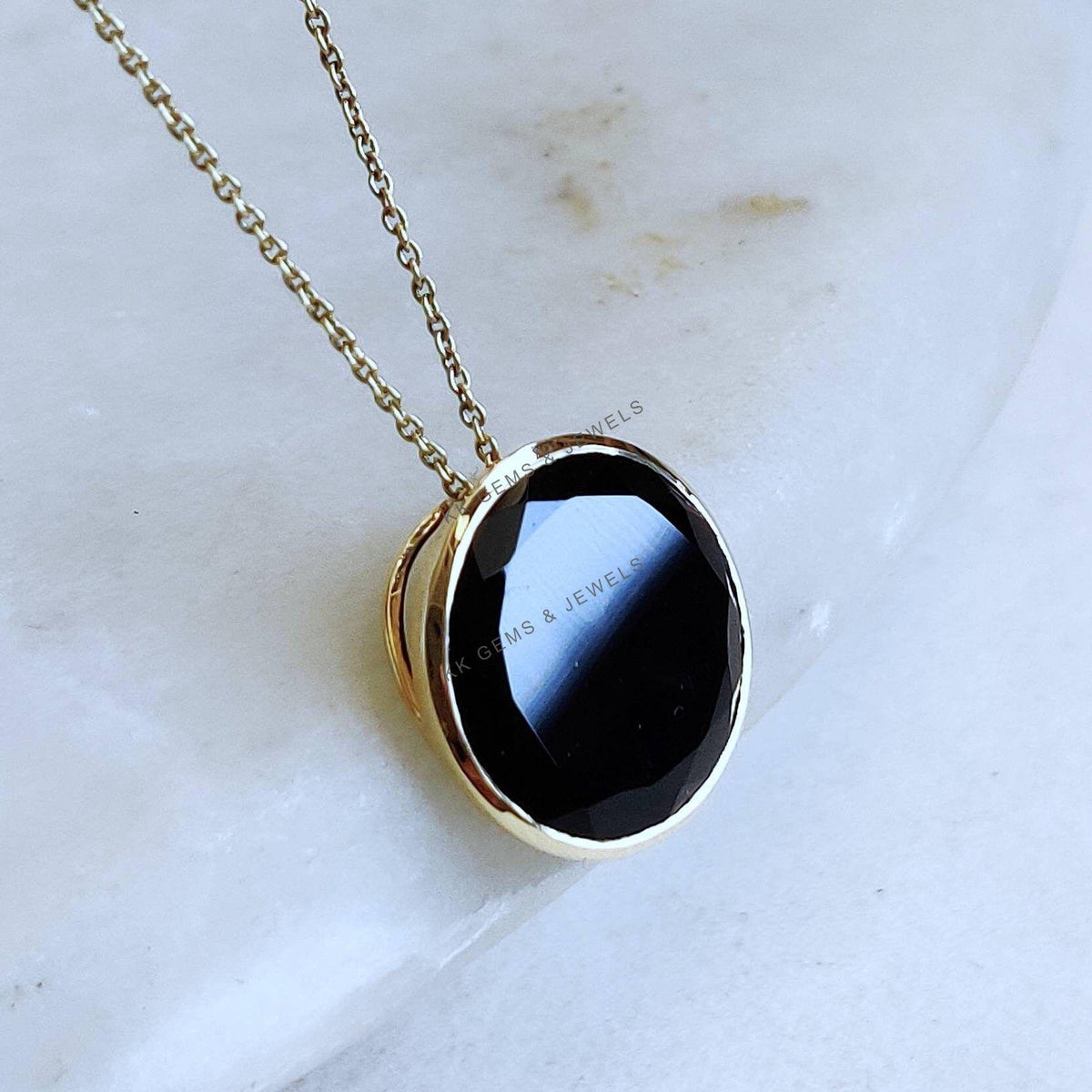 14K Solid Yellow Gold Natural Black Onyx Pendant, Round December Birthstone
