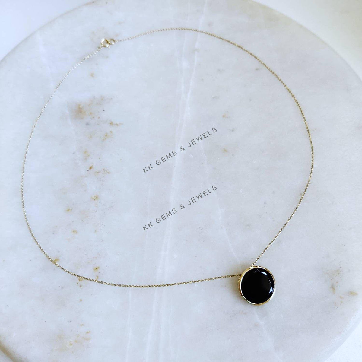 14K Solid Yellow Gold Natural Black Onyx Pendant, Round December Birthstone