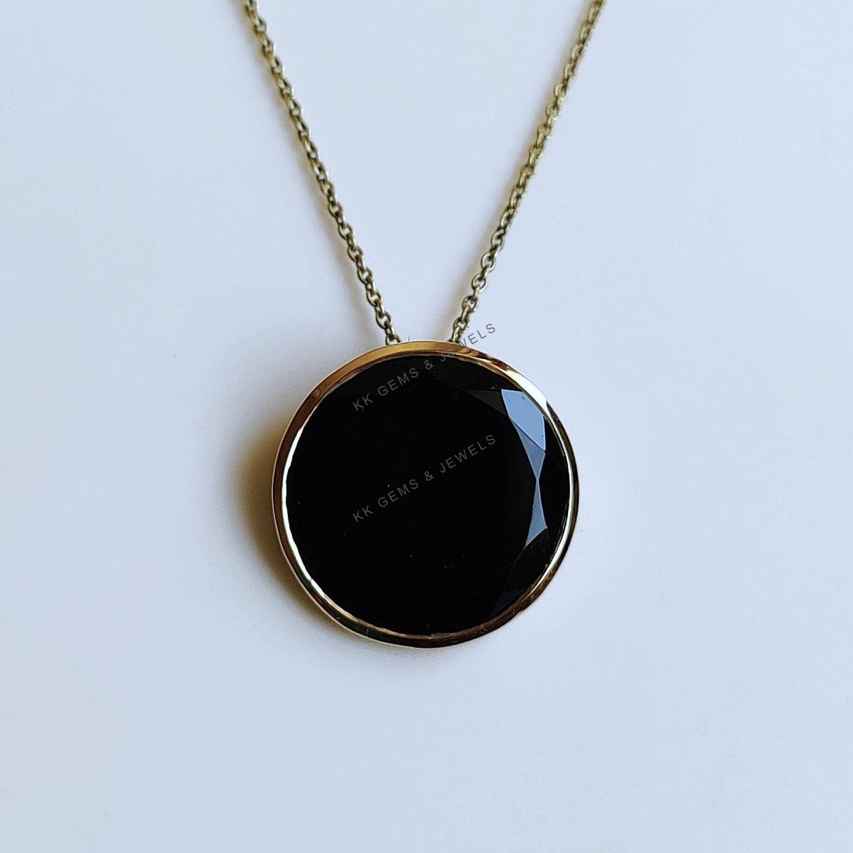 14K Solid Yellow Gold Natural Black Onyx Pendant, Round December Birthstone