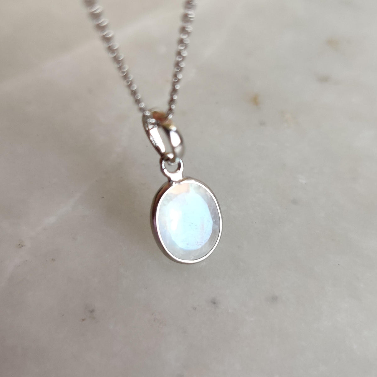 Natural Rainbow Moonstone Pendant, 14K Solid White Gold, June Birthstone