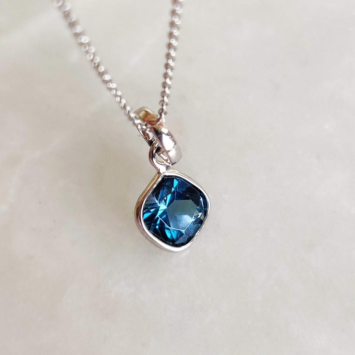 Natural London Blue Topaz Pendant, 14K Solid White Gold, December Birthstone