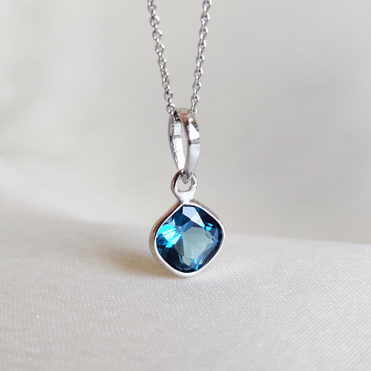 Natural London Blue Topaz Pendant, 14K Solid White Gold, December Birthstone