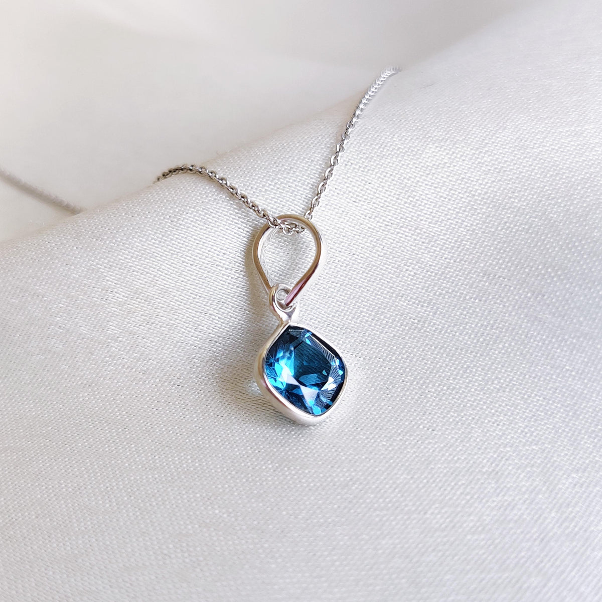 Natural London Blue Topaz Pendant, 14K Solid White Gold, December Birthstone