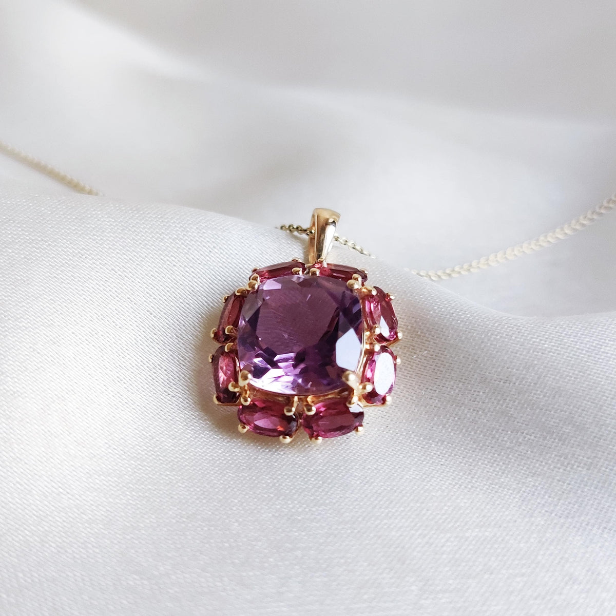Natural Purple Amethyst & Rhodolite Garnet Pendant, 14K Solid Yellow Gold Multi Stone Jewelry
